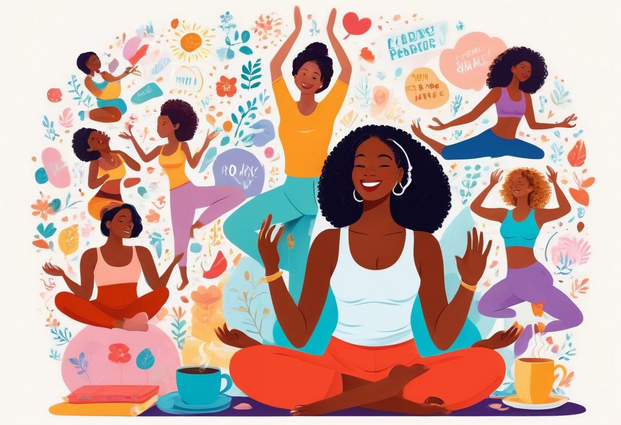 A whimsical illustration showcasing a vibrant collage of women engaging in self-care activities like yoga, skincare, and reading, blended with humorous social commentary elements like speech bubbles featuring witty remarks. Surrounding them are playful icons representing popular lifestyle trends, such as coffee cups, yoga mats, and trendy fashion items. The scene is bright and cheerful, evoking a sense of lightheartedness and empowerment. colorful vector art. vibrant colors. white background.