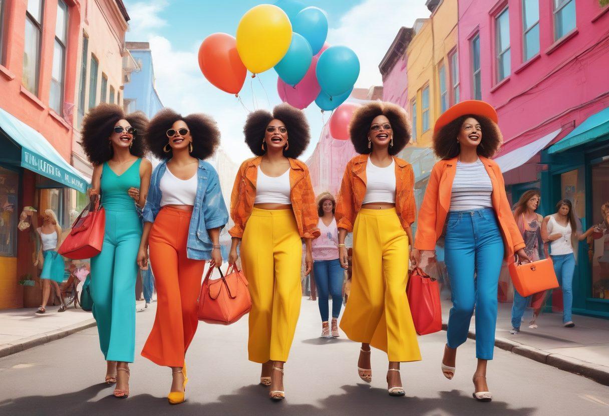 A whimsical scene showcasing a diverse group of empowered women joyfully expressing their unique fashion styles, surrounded by playful elements like oversized accessories and quirky relationship quotes. Set in a vibrant urban landscape, they are engaged in humorous interactions while flaunting their individual lifestyles. Infuse the scene with a light-hearted and colorful atmosphere, capturing the essence of empowerment and fun. bright colors. vector art.